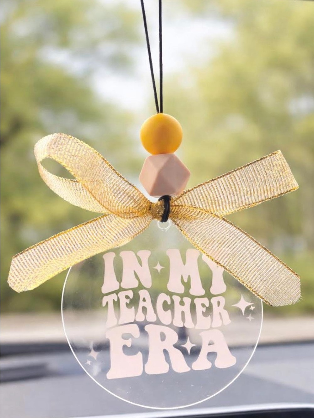 White Acrylic 'In My Teacher Era' Hanging Charm with Gold Bow